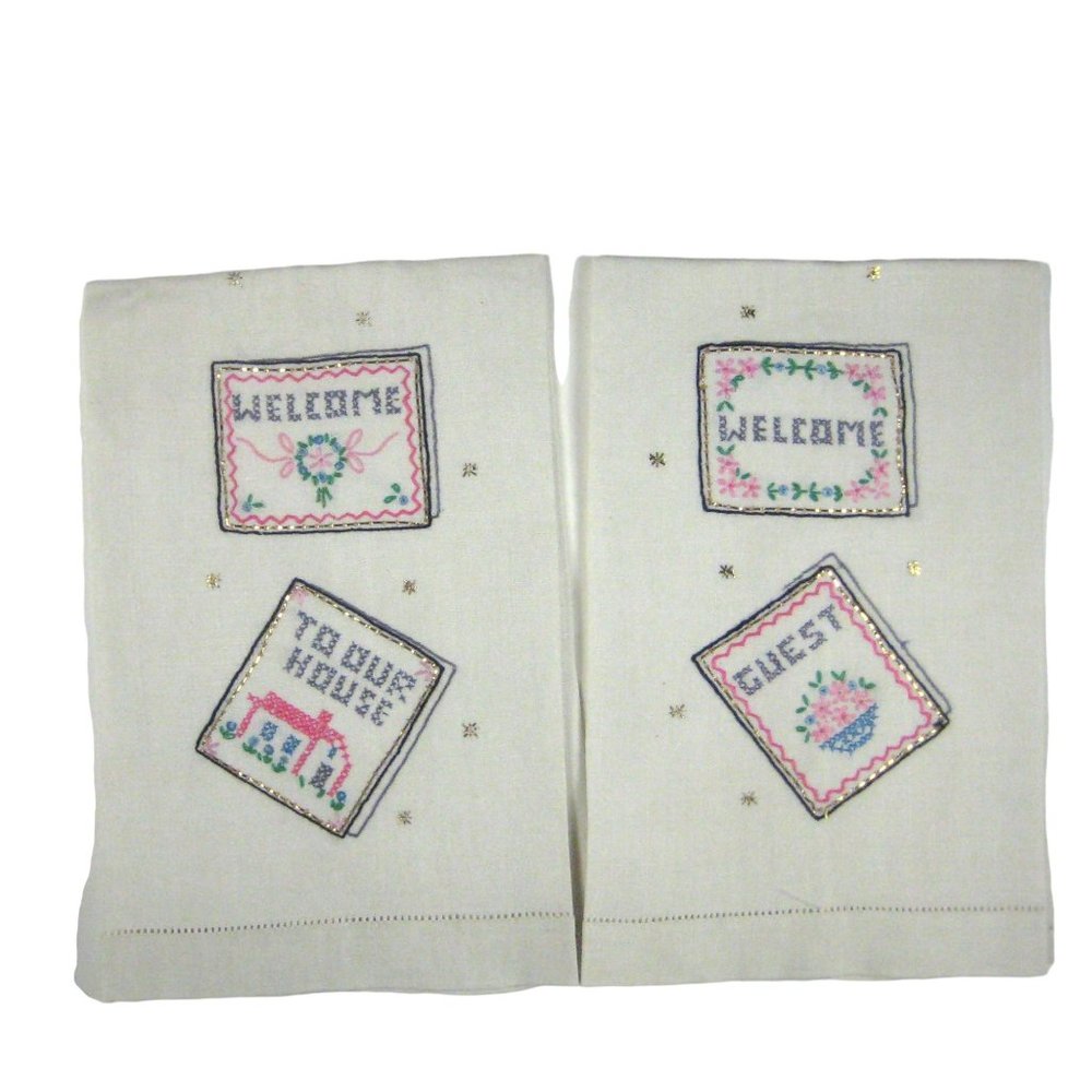 2 Embroidered Linen Blend Towels Vintage Tea Kitchen Guest House Welcome Pink